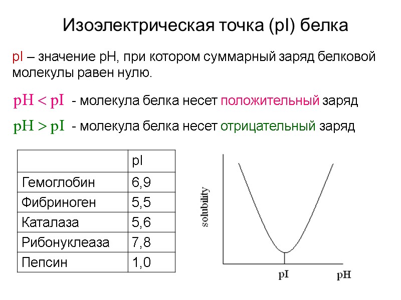 Изоэлектрическая точка (pI) белка pI – значение pH, при котором суммарный заряд белковой молекулы